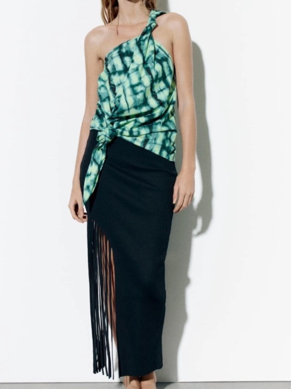 Zara One-Shoulder Tie-Dye Cotton Green Top